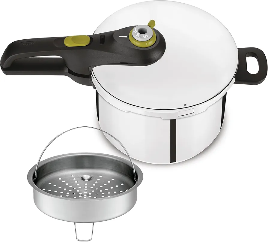 Tefal Secure 5 Neo 6L con cestillo - Olla a presión de acero inoxidable 6L, ahorro energético hasta 50%, cocción a presión, 2 programas, sistema de seguridad de 5 puntos, compatible inducción, P25307