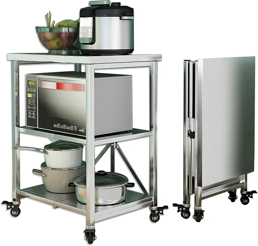 QJSZMEI Carrito de Servicio, 3 Niveles Plegable Estantes Acero Inoxidable Carrito de Almacenamiento con Ruedas, Carro de Cocina Multifuncional para Hotel Restaurantes Escuelas (Tamaño : 60X45X80CM)