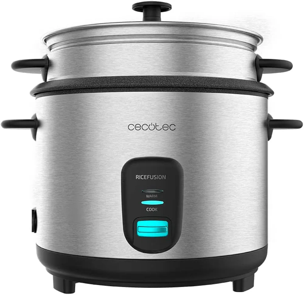 Cecotec Arrocera RiceFusion 7000 Inox. 700 W, Capacidad 1,8 Litros, 10 Raciones, Acero Inox y Tapa de Cristal