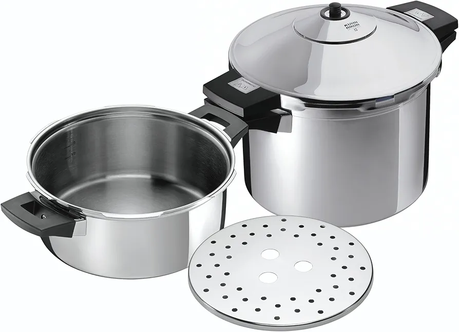 Kuhn Rikon Set Duromatic Inox, Olla a Presión Super Rápida con Asas, Olla Express Apta para Inducción, Óptima Distribucion del Calor, Acero Inoxidable18/10, Set olla 8L/24cm + cuerpo 4L/24cm