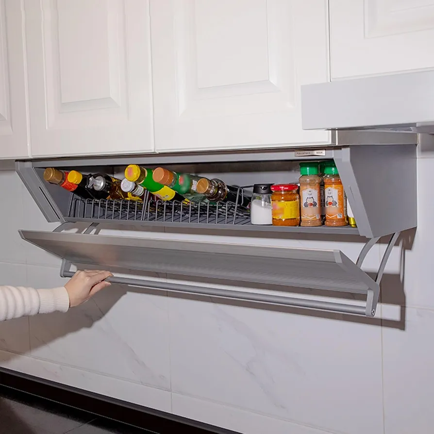 PPSMFAMZ Organizador de especias extraíble para cocina, estante plegable con puerta, estante flotante de alta resistencia montado en la pared para colocar sobre la estufa, ahorro de espacio, metálico,