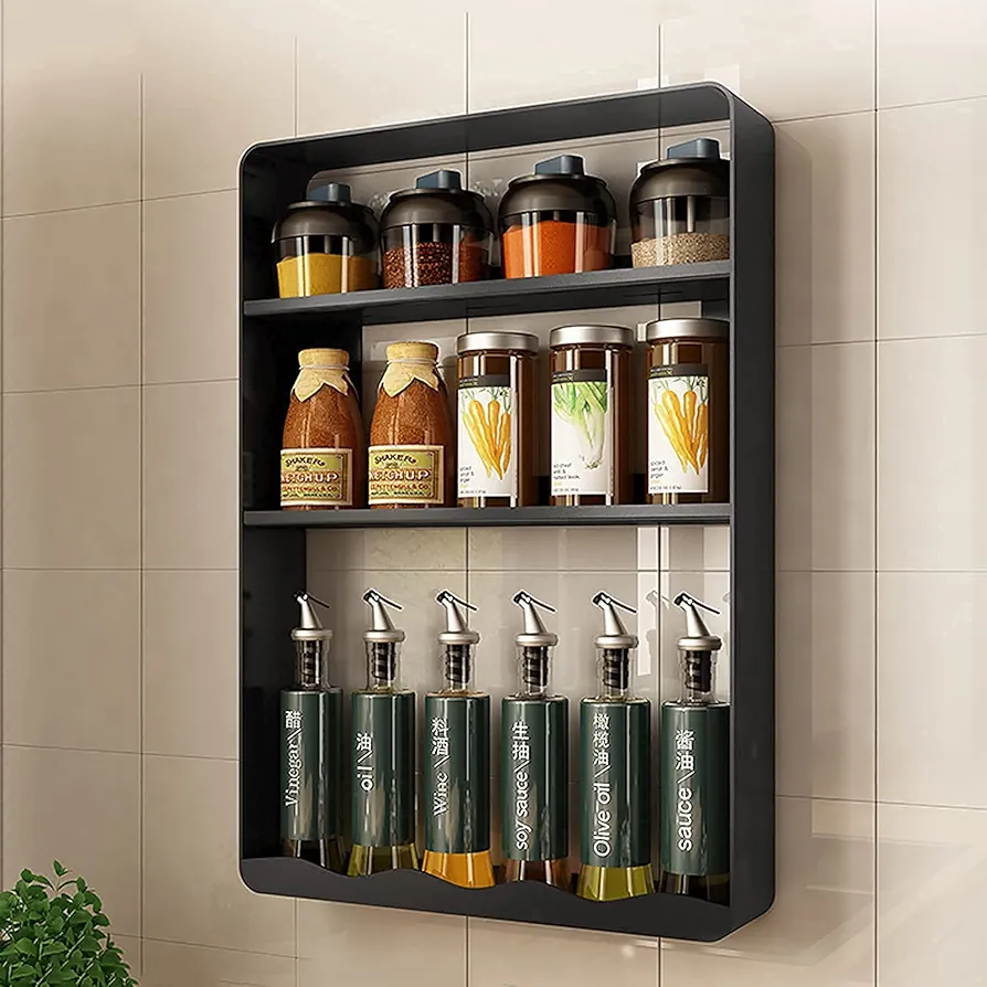 OTHZON Organizador de especias montado en la pared de 3 niveles para colgar especias estante de almacenamiento grande para condimentos para gabinete de cocina, despensa, puerta de baño (c