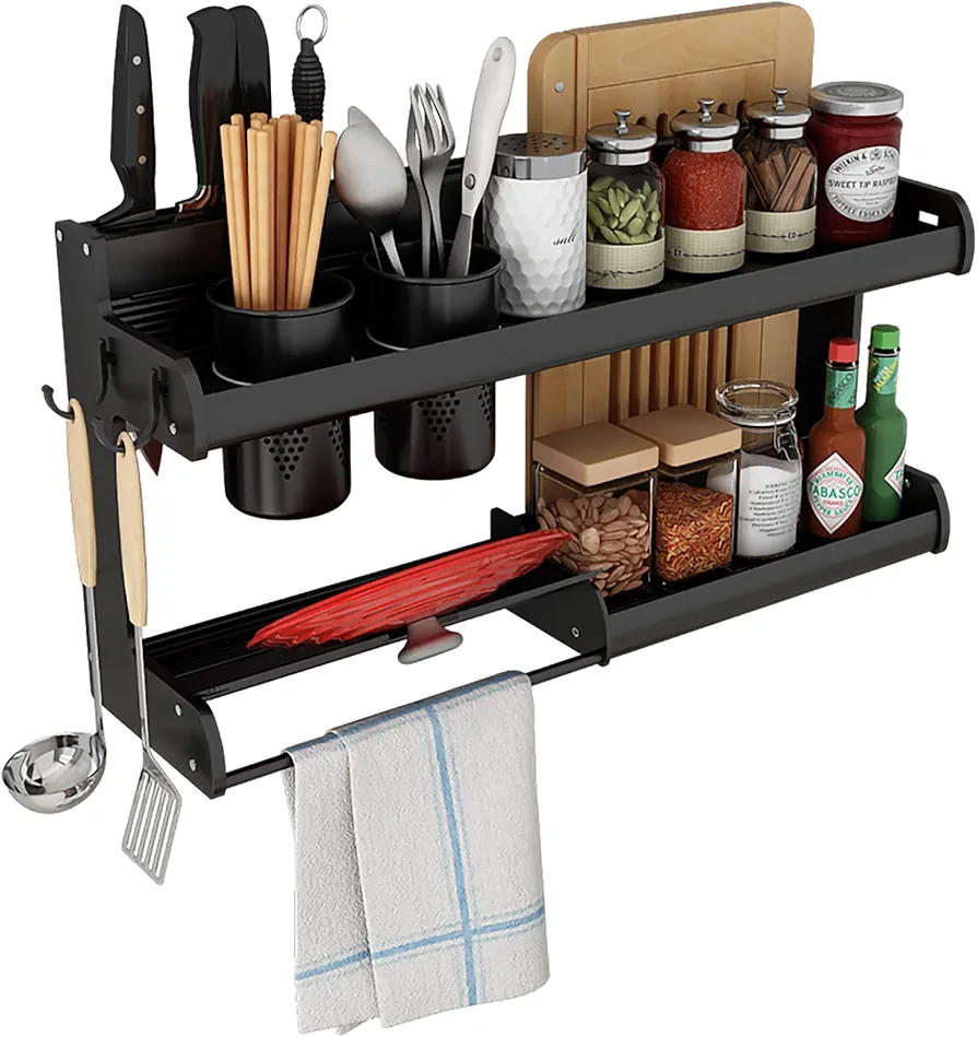 OTHZON tlj Especiero montado en la Pared, Estante Organizador de Cocina de Aluminio con Espacio de 2 Niveles, para Almacenamiento de Tarros de Especias y Botellas, Ahorro de Espacio/Negro