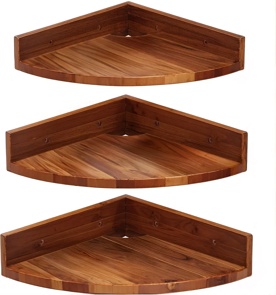 Demigo Juego de 3 estantes esquineros redondos flotantes de madera de acacia maciza para almacenamiento y exhibición, estantes de madera colgantes para dormitorio, cocina, sala de estar, baño (marrón