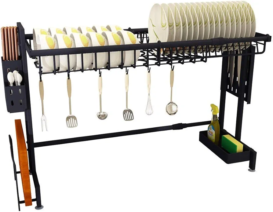 PPSMFAMZ Estante de drenaje estable para secar platos de cocina, resistente al óxido, ahorra espacio, soporte retráctil de acero inoxidable, estante organizador de utensilios de cocina