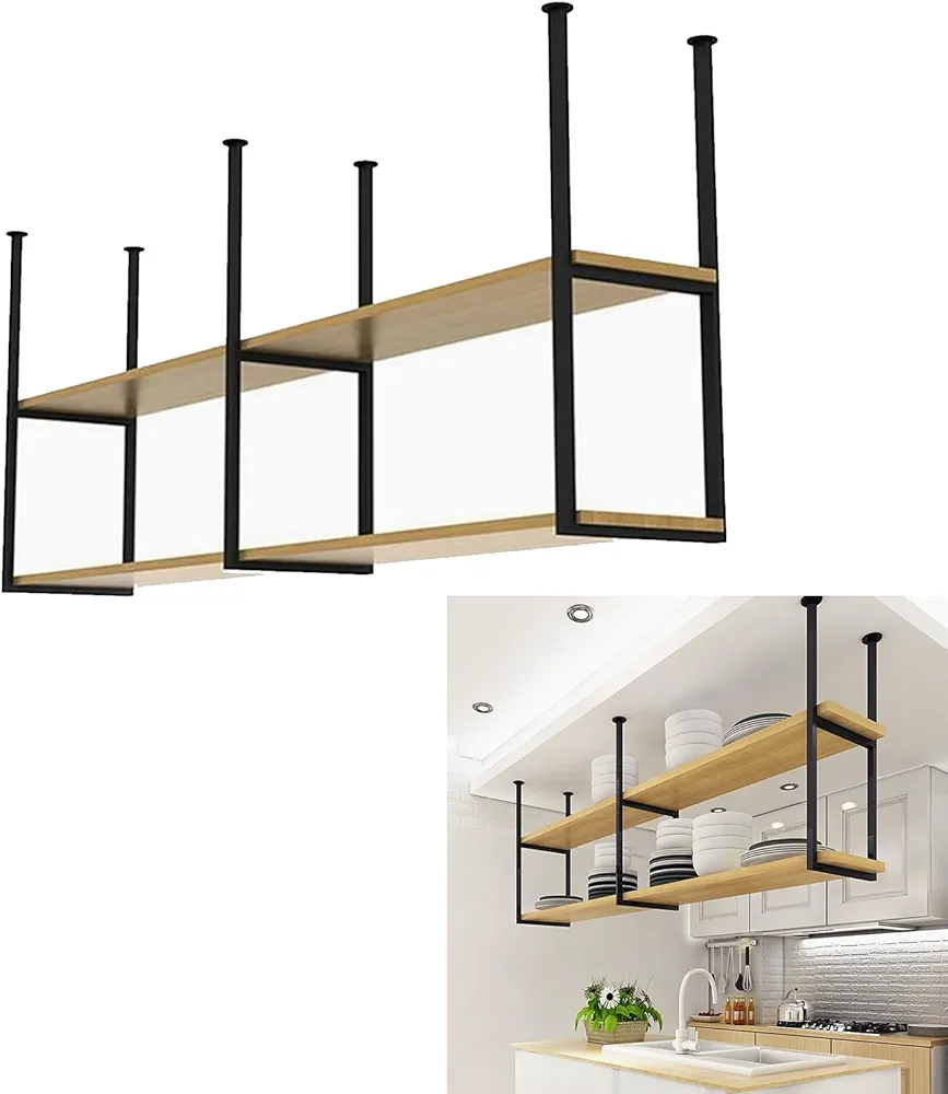 Estante de techo Estante para ollas/sartenes de cocina Estantería colgante Soporte de exhibición de cocina｜Estantes de almacenamiento de pared Decoraciones flotantes de madera Soporte para vino(80x30x