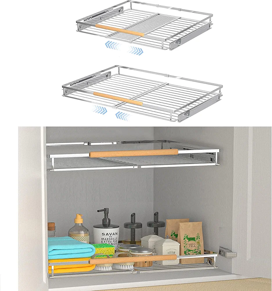 Paquete de 2 cajones extraíbles expandibles para armarios de cocina, estantes extraíbles resistentes, 16.3 ~ 26.3 pulgadas de ancho x 17 pulgadas de profundidad, organizador de gabinete extraíble para