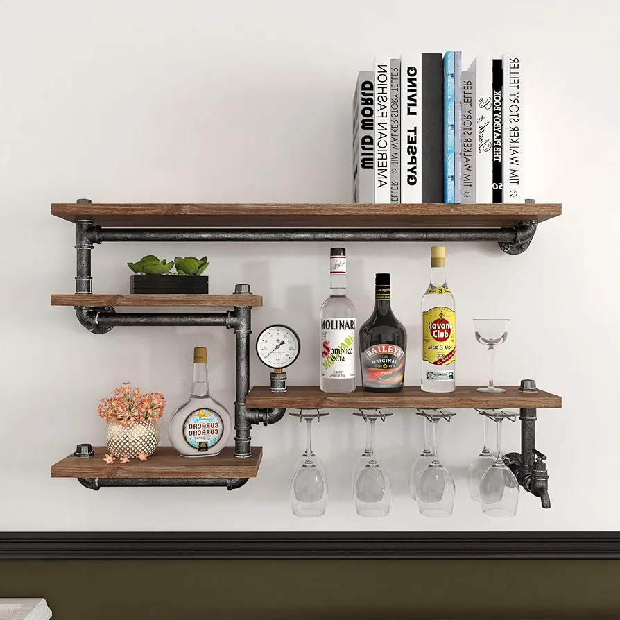 Estante de tubo industrial para vino montado en la pared con soporte de vidrio de 4 vástagos, estantes de barra flotante de metal rústico, estante de pared para cocina/sala de estar/hogar