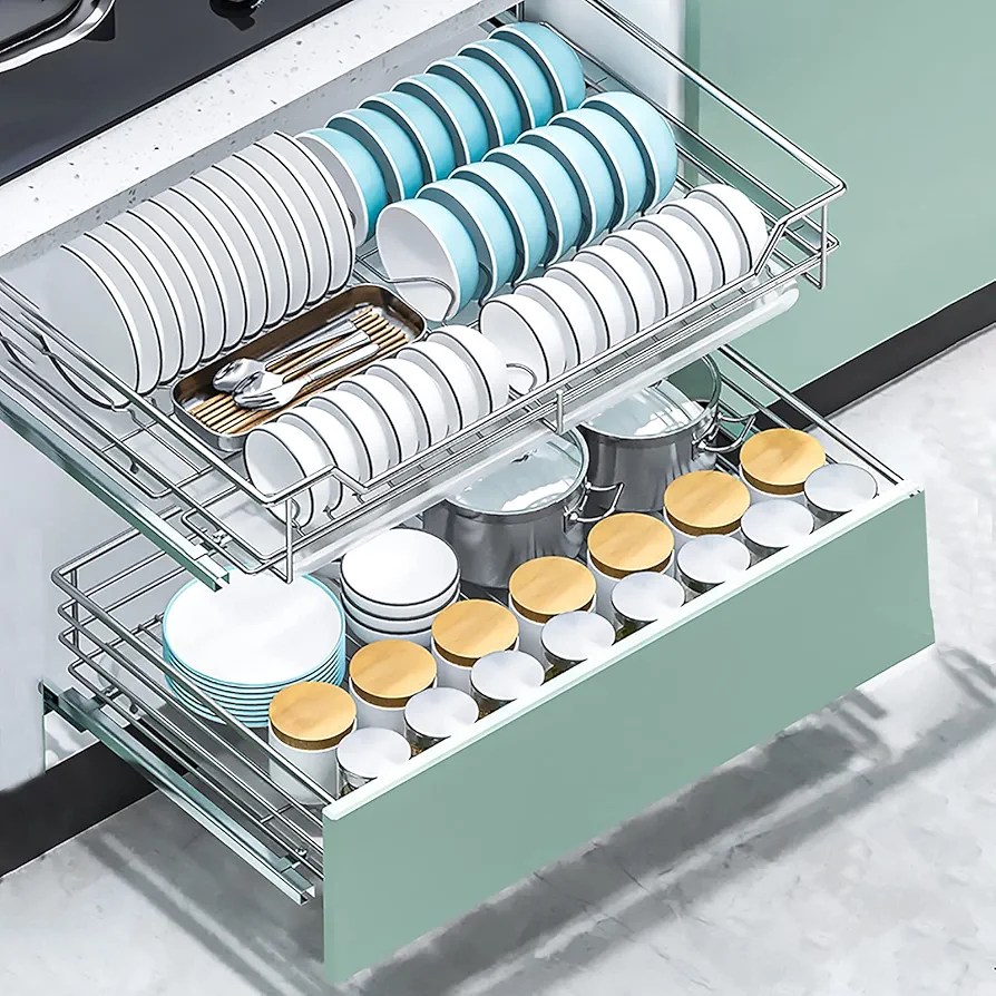 PPSMFAMZ Organizador de gabinete extraíble de 2 niveles, organizador de estantes multiusos para base de cocina, soporte de utensilios de montaje lateral resistente y estable, estante de especias que