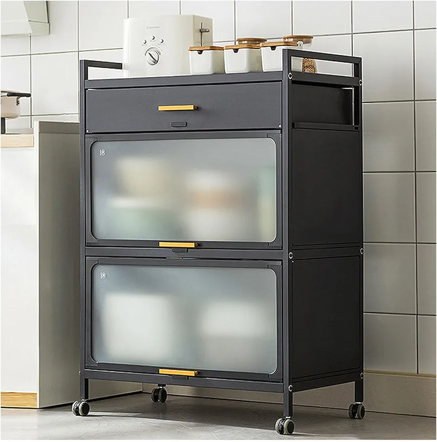 Estante de cocina de 5 niveles con soporte para microondas y cajón, color negro, organizador de almacenamiento de cocina de 27.5 x 40 pulgadas con ruedas abatibles para puerta abatible y conejera para