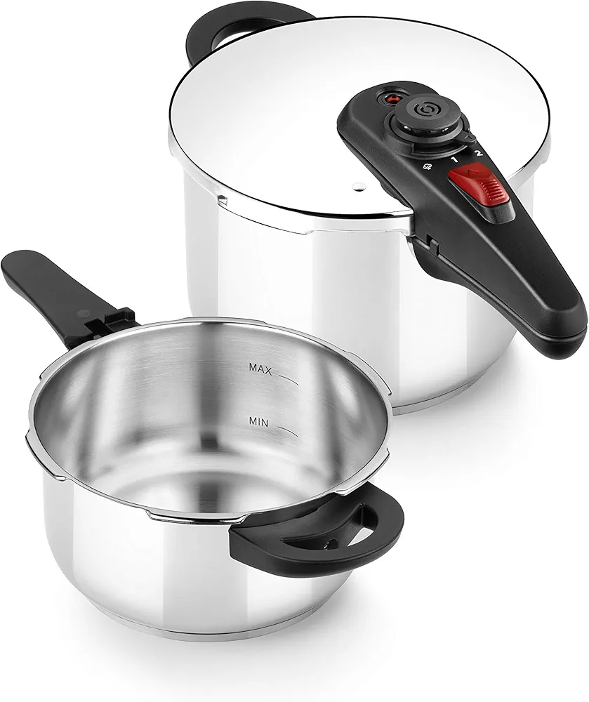 BRA A185805 Allure Set dúo de ollas a presión rápida 4+6 litros, Acero Inoxidable, Apta para Todo Tipo de cocinas, Incluido inducción, 18/10, metálico