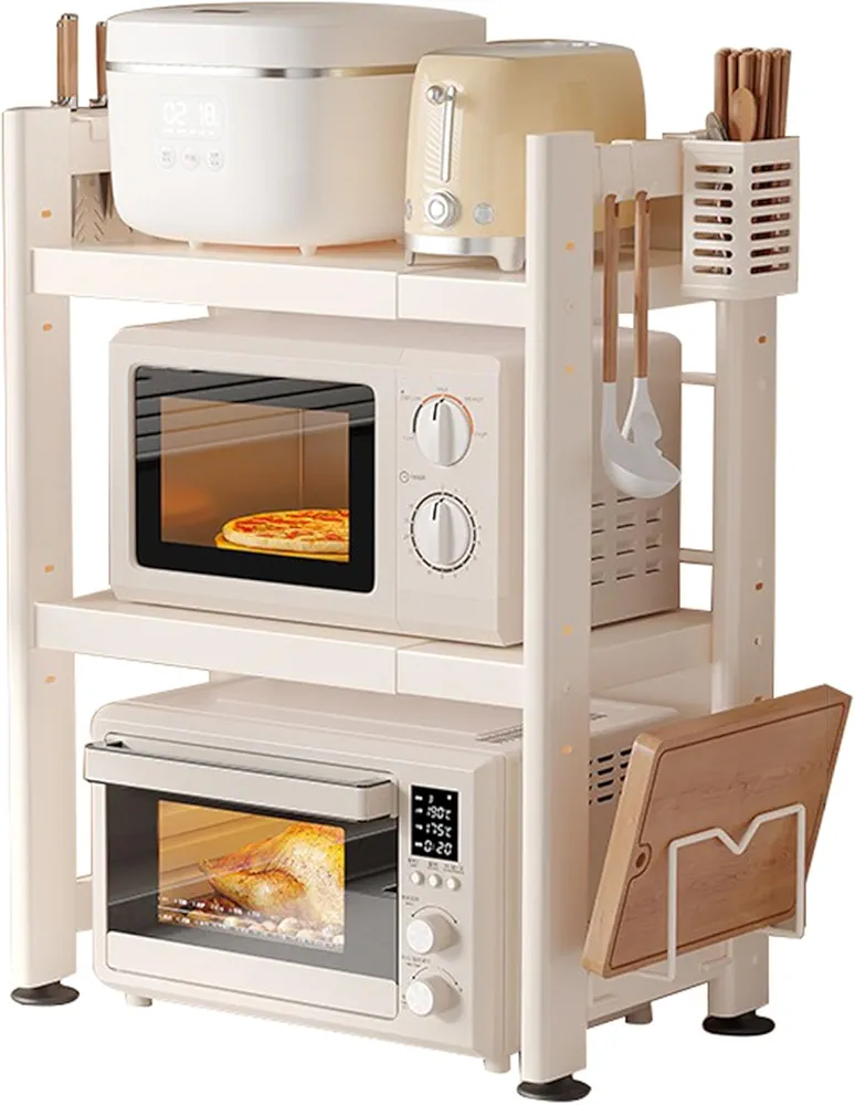 Soporte ajustable de 2 niveles para microondas, organizador de cocina expandible con 6 ganchos y soporte para cuchillos, estante de almacenamiento de cocina para vajilla y suministros