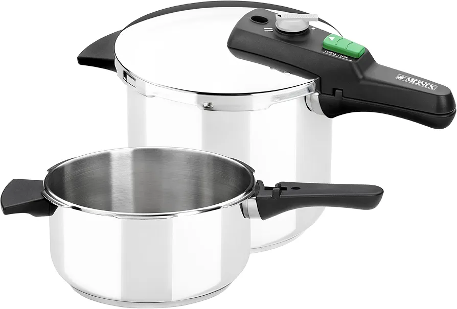 MONIX Quick Set de dos ollas a presión rápidas de 4 litros y 6 litros, con triple sistema de seguridad, 2 niveles de presión, apta para todo tipo de cocinas