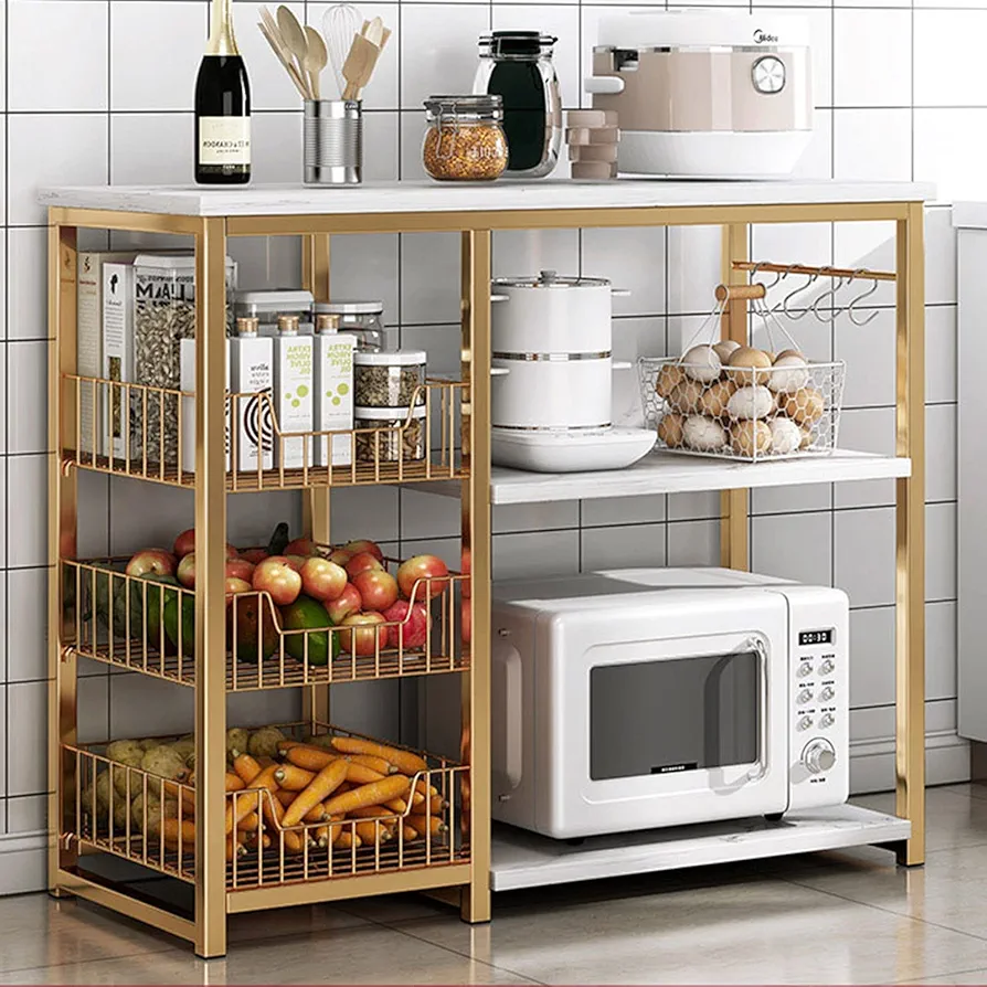 Estante organizador de cocina de metal con mesa de madera, soporte para microondas, estante de almacenamiento para panadería para isla de cocina, 80 cm