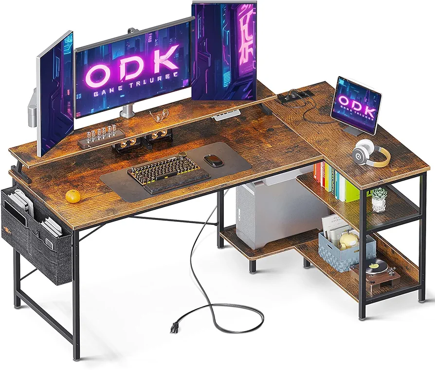 ODK Escritorio Esquinero con Estanteria, Mesa Escritorio con Puerto USB y Toma de Corriente, Escritorio de Ordenador para Gaming en L, Mesa Oficina con Soporte de Monitor (Marrón, 147x80cm)