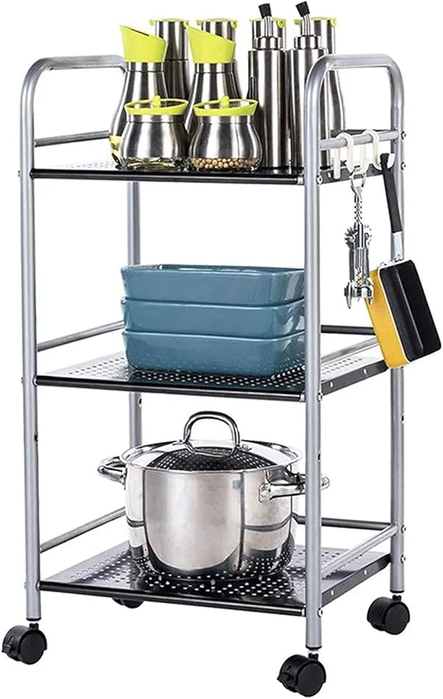 HIFFEY Estante móvil para camiones de mano de 3 niveles, estante de cocina para hornear, soporte para horno microondas, carrito de almacenamiento, estante de estación de trabajo, organizador de baño y