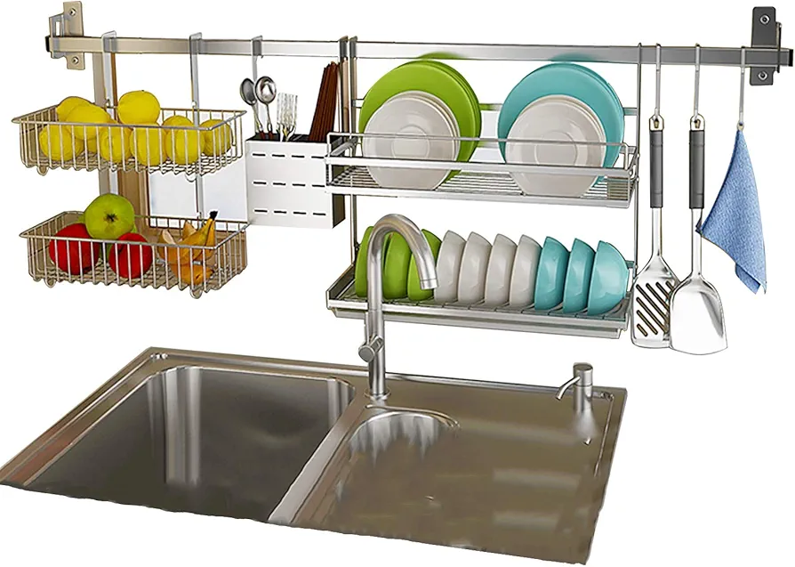 PPSMFAMZ Estantes de almacenamiento de despensa, juego de escurridor de platos, montaje en pared sobre el fregadero con soporte para utensilios, platos de cocina, organizadores de estantes con cesta