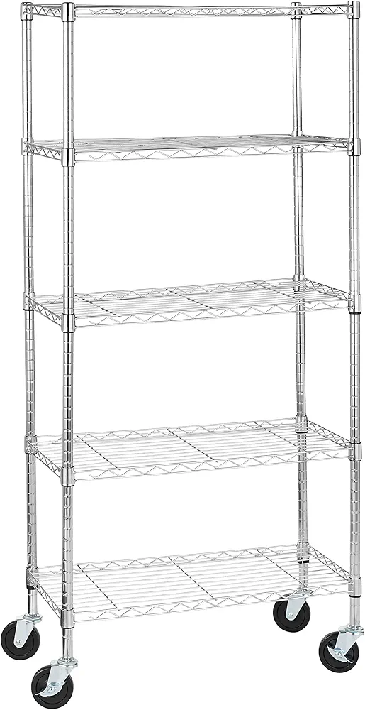 Amazon Basics - Unidad de almacenamiento mediana de 5 baldas con ruedas de 4 inch con estantes ajustables en altura y pies niveladores, peso máximo de 680 kg, Cromado, 36 x 152 x 76 cm (D x W x H)