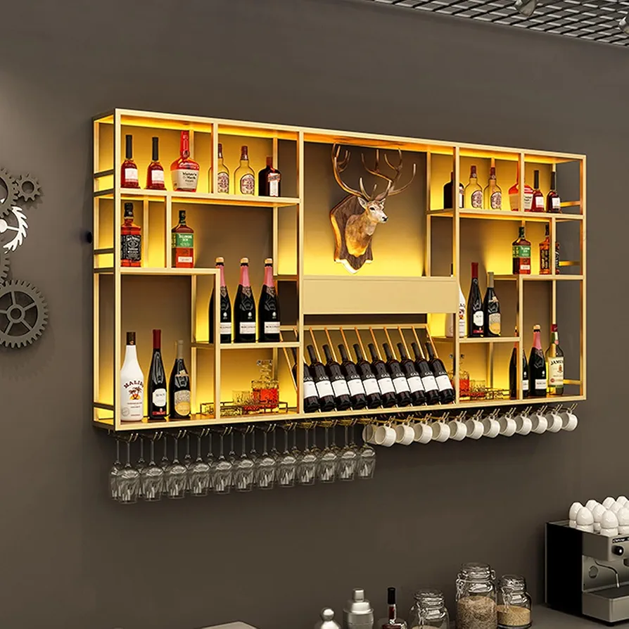 Grande moderno estante de vino de pared,botellero industrial montado en la pared de metal,estantes flotantes montados con soporte para copas de vino,Estante de Exhibición para cocina, bar, sala de est