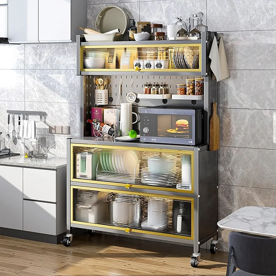 Estante de cocina con puertas abatibles y tablero de clavijas, soporte de almacenamiento para microondas con estantes grandes de metal, 40.6 pulgadas