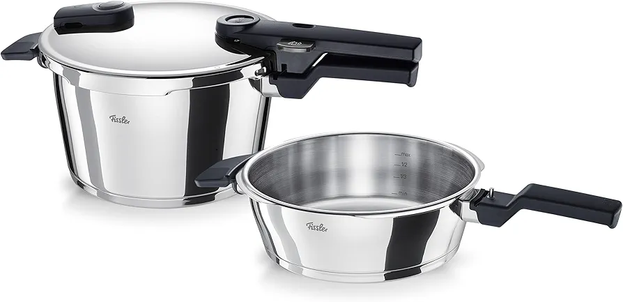 Fissler Vitaquick Juego de 3 ollas a presión (1 olla a presión de 4,5 l y 1 sartén a presión de 2,5 l y 22 cm de diámetro), inducción