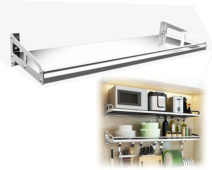 Soporte Microondas Pared para Cocina,Estante para Horno y Microondas acero inoxidable montaje en pared organizador de estante de almacenamiento para Colgar Multifuncional con Gancho