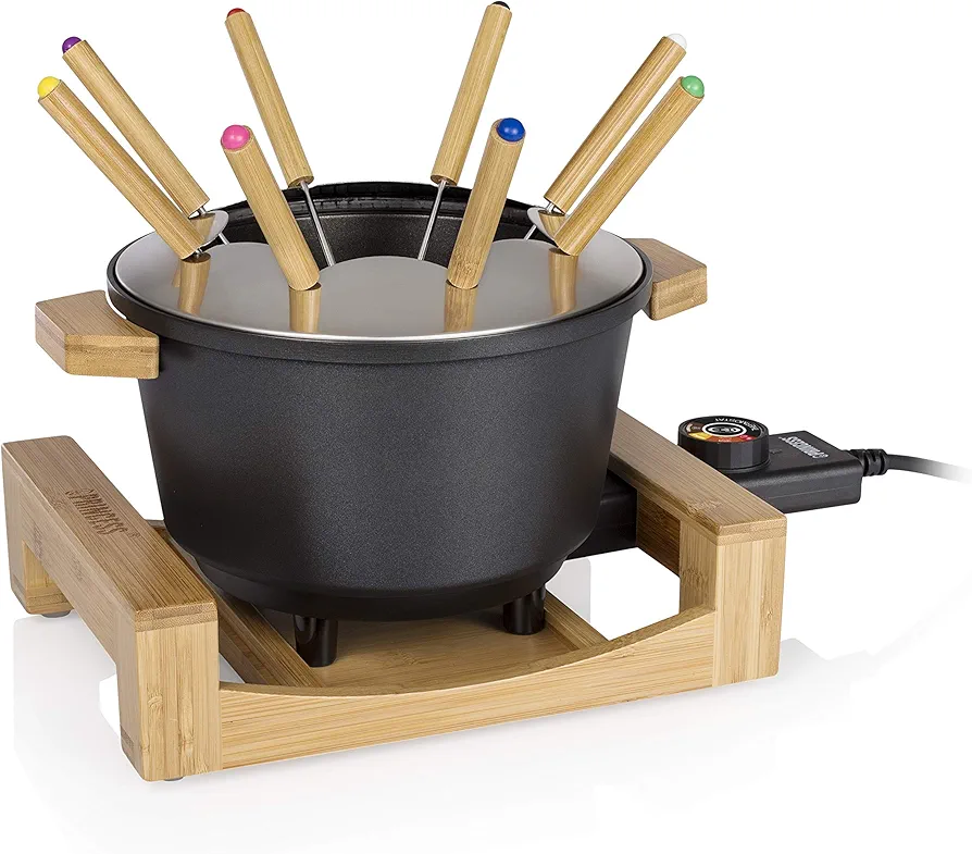 Princess 173025 Fondue Pure con carcasa de bambú y volumen de 1.5 L, adecuada para 8 personas para fondue de queso, chocolate, caldo o aceite, olla de aluminio fundido a presión, 800 W, Negro y bambú