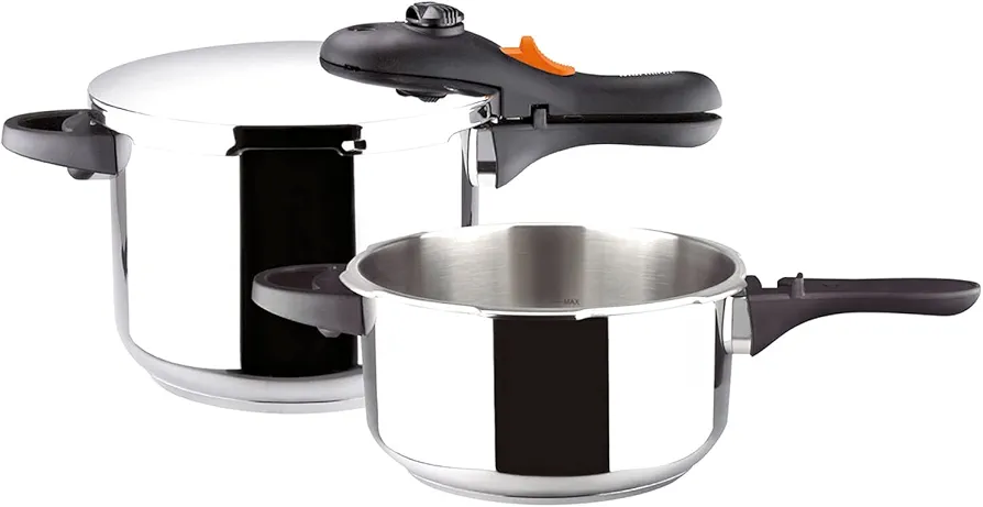 MARMICOC Cocotte Olla a presión súper rápida 3 + 6 L, fabricada en acero inoxidable 18/10, apta para tipo de cocina gas, vitroceramica, INDUCCIÓN y lavavajillas, fondo termo difusor 5 capas