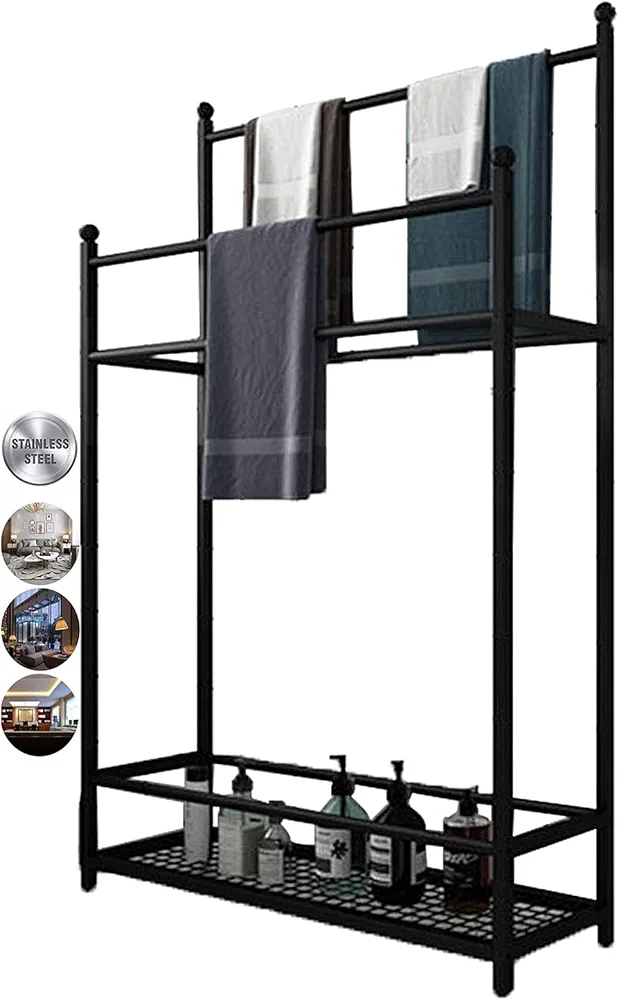 APBEAM -Estante Balcón Baño Toallero Independiente,Soporte de Metal for Toallas con Barras y Estante de Almacenamiento Inferior,Organizador for baño,Cocina,Lavadero/Negro/75 * 20 * 110