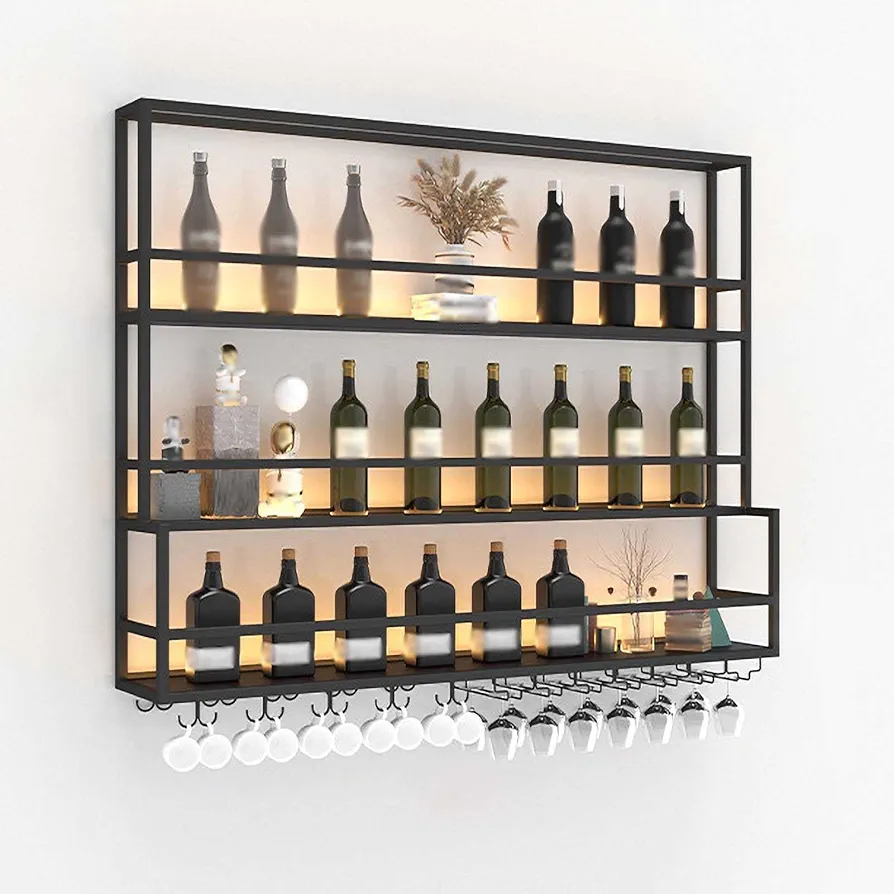 Moderno estante industrial de hierro montado en la pared con soporte para luz y cristal, elegante almacenamiento de vino para decoración del hogar, bar, comedor, cocina.