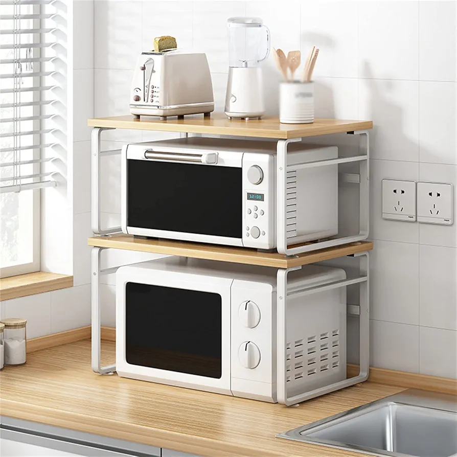 Soporte para microondas de acero Inoxidable de 2 Niveles, Estante Extensible para Horno microondas, Estante Organizador de Almacenamiento para encimera de Cocina, Estante de Cocina Que ahorr