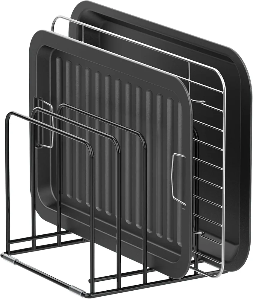 KORRTFID Organizador de gabinete de cocina, soporte de acero para utensilios de cocina, soporte dividido con 5 ranuras para sartenes, bandeja de hornear y estante para tabla de cortar, soporte de