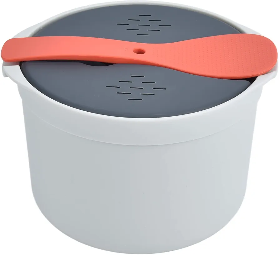 2L Olla Arrocera para Microondas, Arrocera Guisada Microondas Cocina Cocinar Arroz Contenedor de Alimentos Redondo con Cuchara Apta Grado Alimenticio PP a Presión Tapa Colador Olla(Naranja)