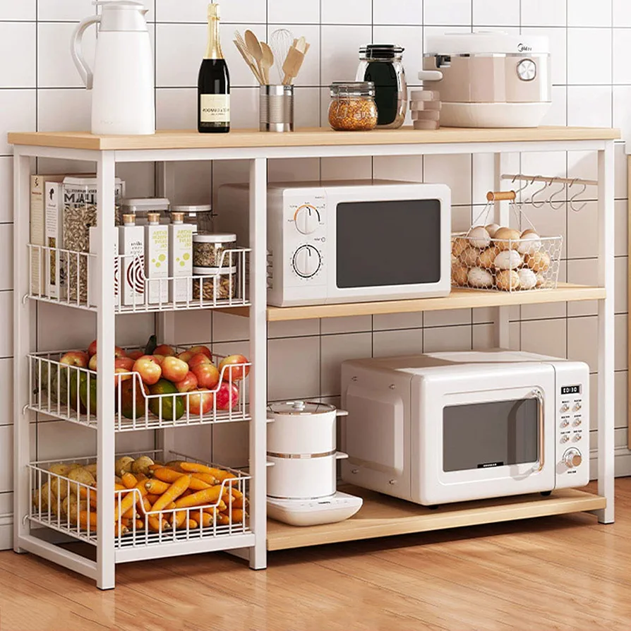 Estante de metal para cocina con mesa de madera, soporte para microondas y organizador para almacenamiento eficiente en isla de cocina