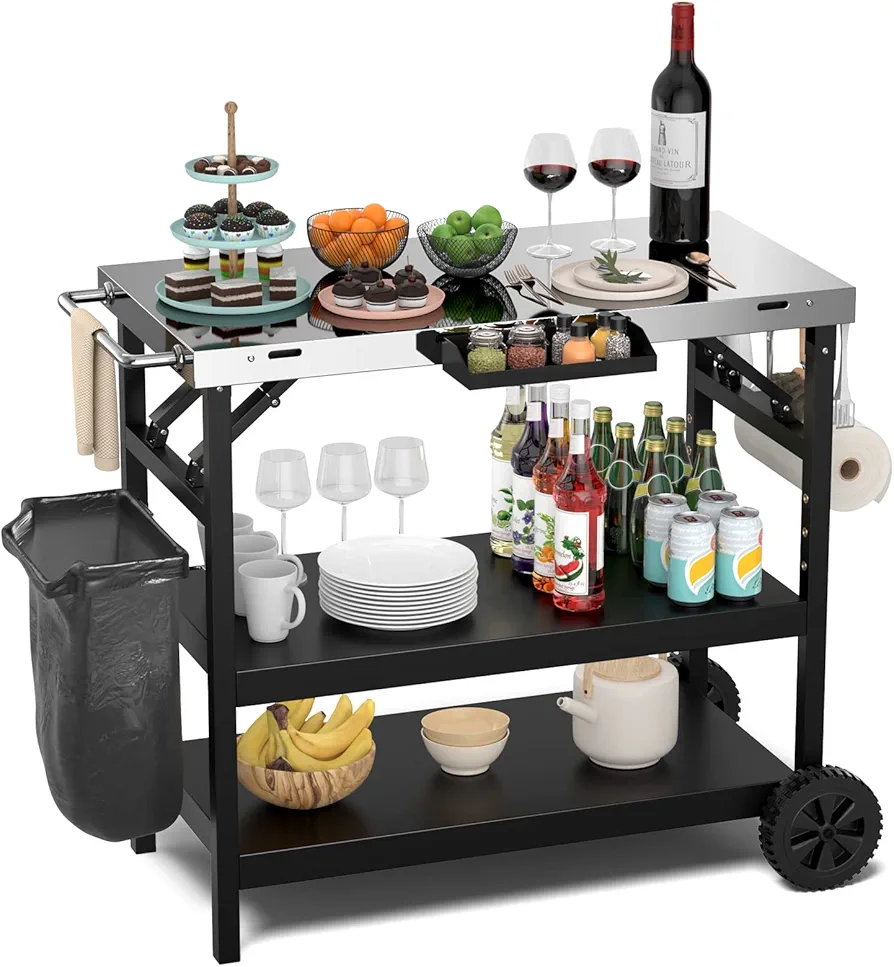 COSTWAY Carro Cocina con 2 Ruedas, Metal, Carrito Auxiliar con Ruedas de 3 Niveles, Estante Ajustable, Soporte para Teléfono y Especias, Toallero, Ganchos Colgantes, 106 x 52 x 84cm