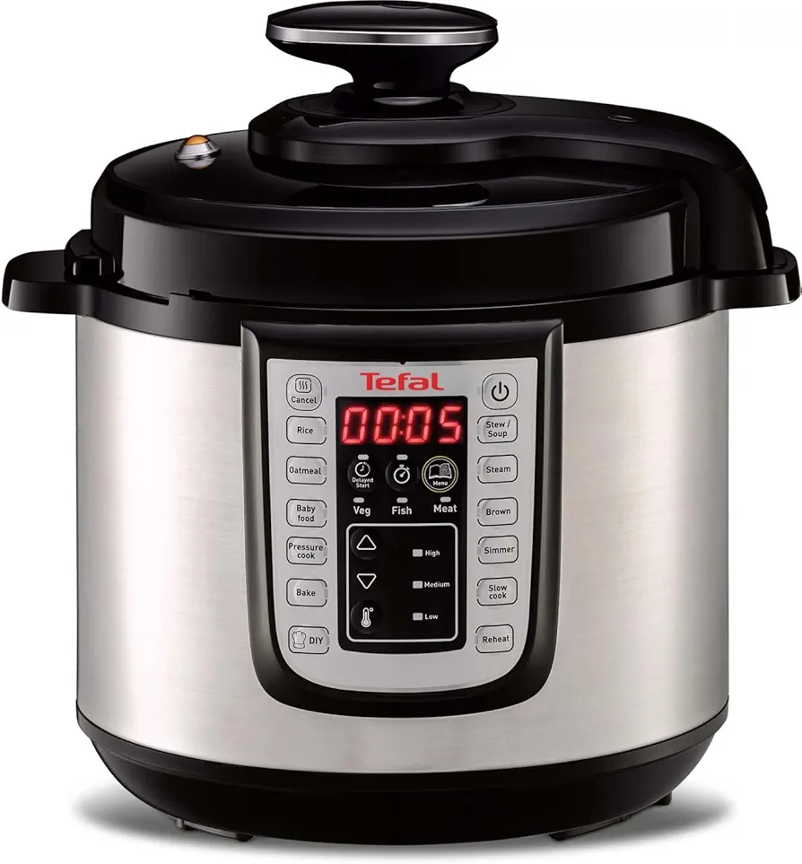 Tefal Fast&Delicious CY505E10 - Olla de acero inoxidable con 25 programas de cocción a presión rápida, tecnología de presión segura, 6 L, 6 personas, pantalla de control en inglés, color negro